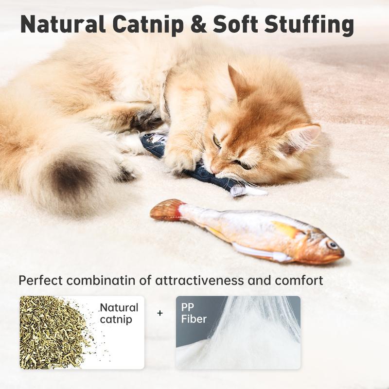 Bitesized Realistic Flopping Fish Cat Toys, 3 Pack, Interactive Cat toys for All Breeds, Tap-Activated 3 Flapping Mode, Sardine/Saury/Yellow Croaker, 7.1 Inches, with Catnip, Rechargeable