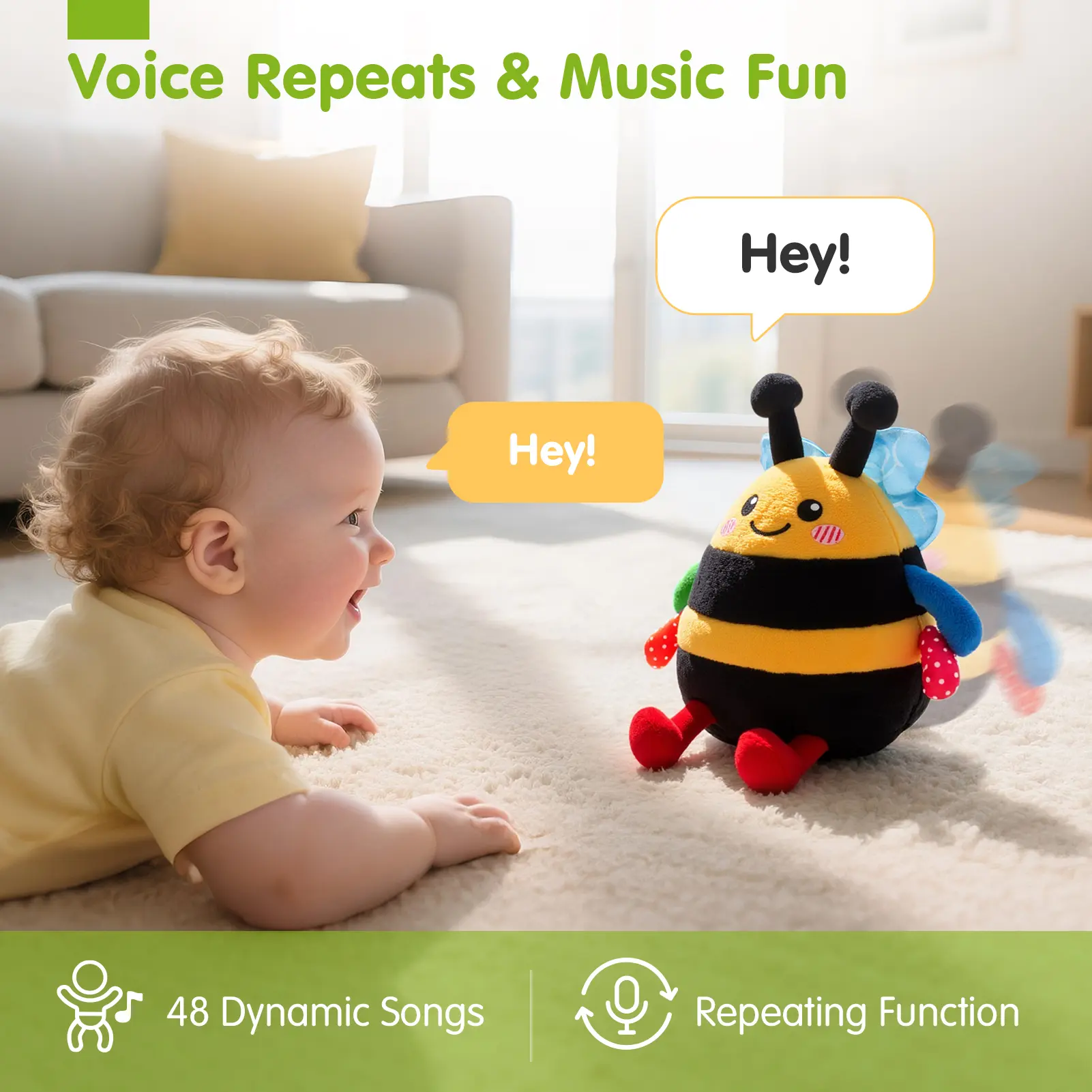 Crawling Musical Dancing Bouncing Learning Bee Plush,Abeja que baila/Abeja que canta/ Interactive,48 Songs & Repeat what you say,Tummy Time Toy infant toy for Birthday 0-3 Months/6-12 Months,Cute Gifts Play