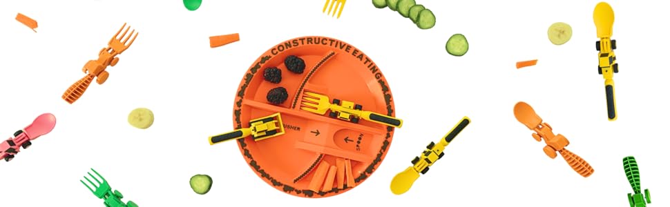 plates, utensils, and healthy food scattered aboout
