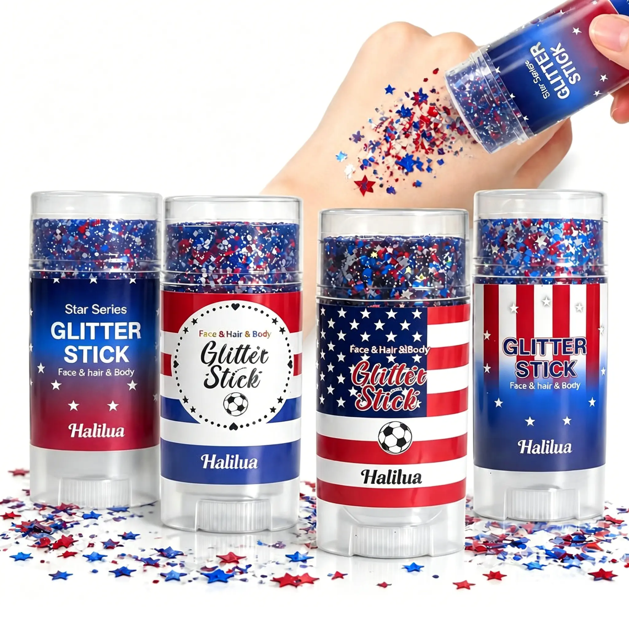 Self-Adhesive Glitter Stick | Red White & Blue Patriotic Body Makeup | 4th of July Independence Day Sparkle | Summer Vibes Festival Party Glitter | Waterproof Long-Lasting Shine for Sports Games & Holiday Gifts,summerwins