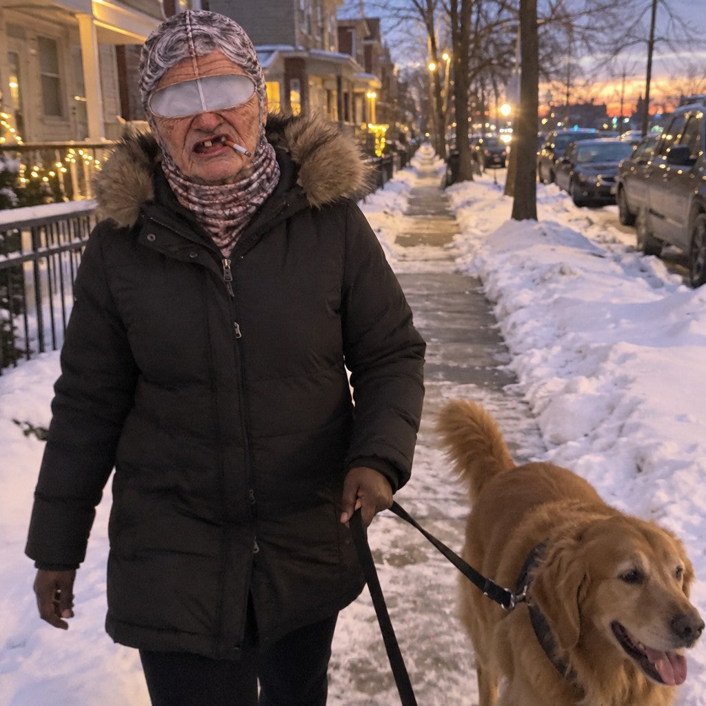 A woman in a black parka walking a golden retriever on a snowy sidewalk at dusk, wearing the Grandma mask with the eye panel, neck tucked in