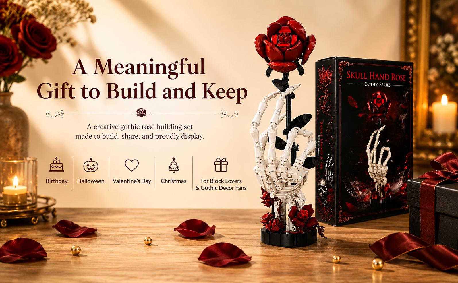 Skull Hand Rose Building Set, 357-Piece Gothic Display Model | Gothic Rose 3D DIY Building Blocks Set - Do It Yourself Interlocking Puzzle Kit with Detailed Design, Creative Desktop Decoration, Holiday Gift Wow for Collecting Enthusiasts