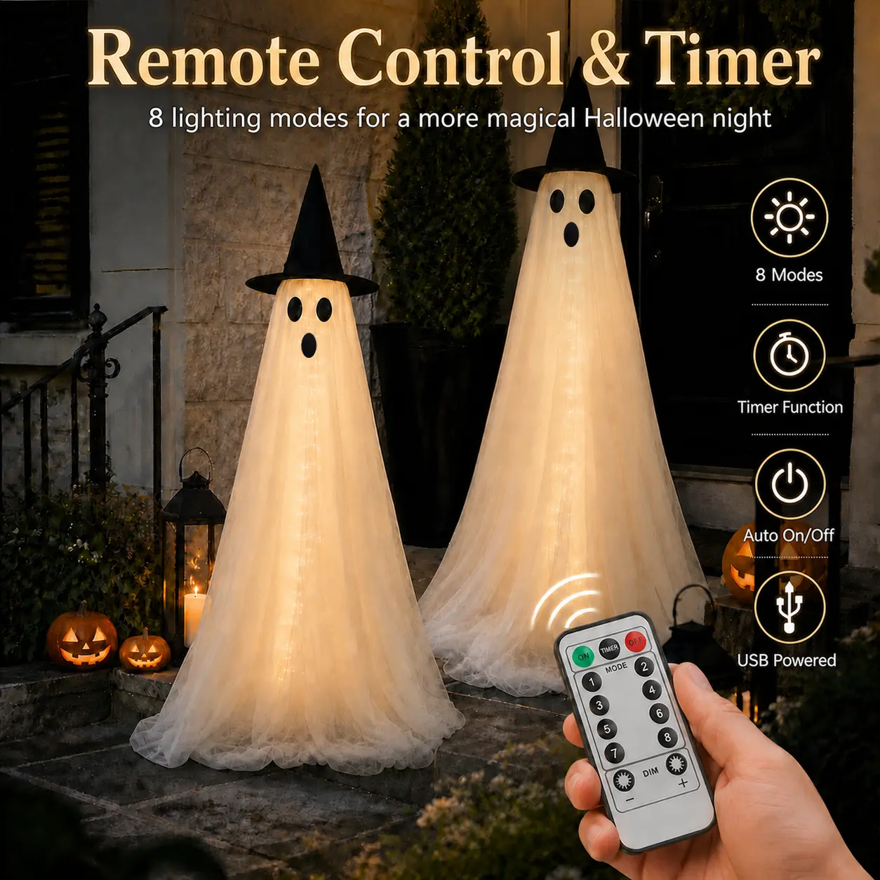 Halloween Spooky Lighted Ghost Decor Set, Indoor Outdoor Decorative Wind-Resistant Party Decoration Set with String Lights, Waterbags & Hats for Porch Yard, Lighted Party,sohochic