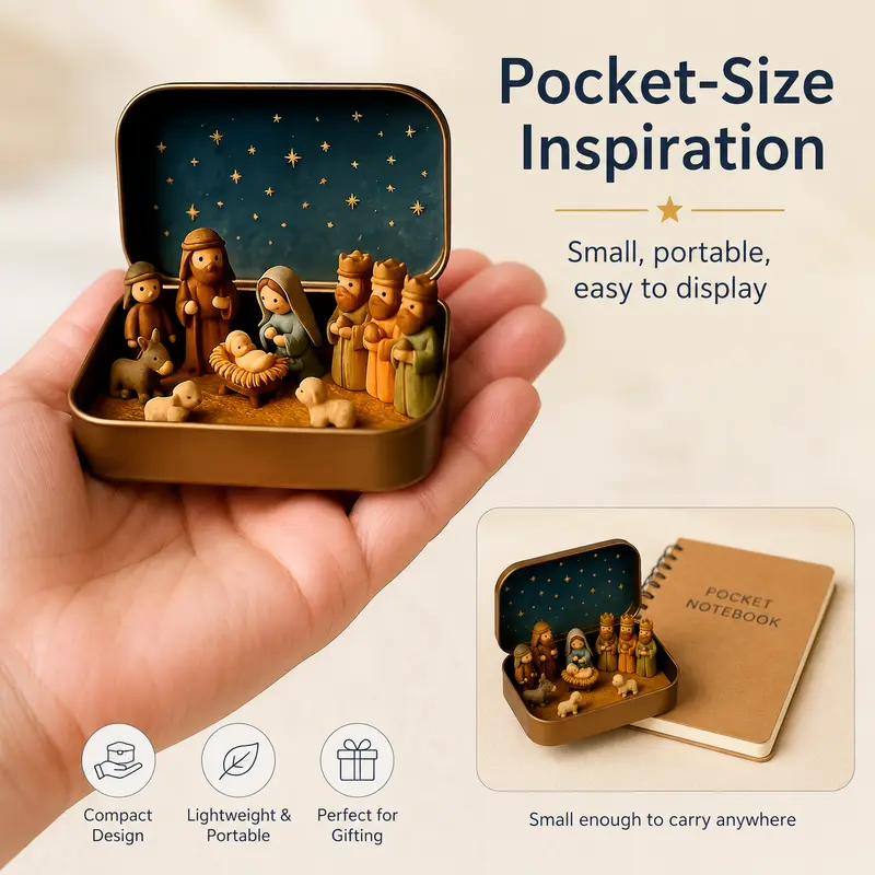 Religious Pocket-Size Mini Nativity Scene Set with Storage Box, Hand-Painted Plastic Figurines (Mary, Shepherd, Animals), Portable Christmas Table Decor, Ideal Holiday Gift
