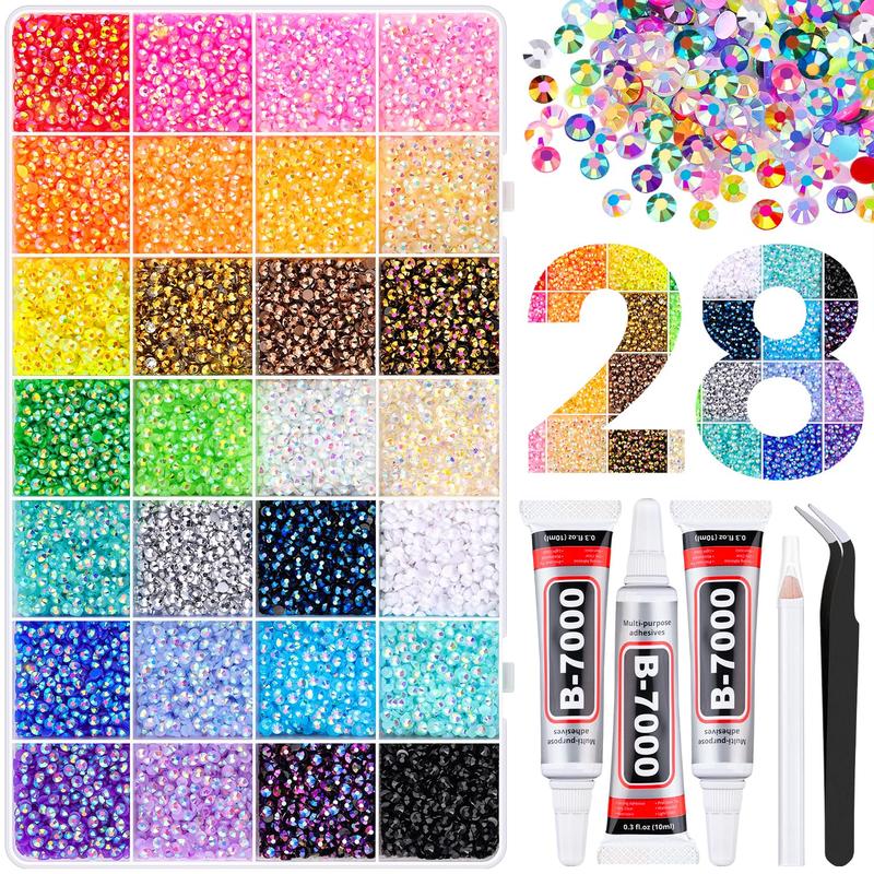 VIBRANT GEMS 32000Pcs Resin Rhinestones with Tweezers for Crafting Mixed-Color 3mm Bedazzling Crystal with 3Pcs 10ml B7000 Jewelry Glue for DIY Crafts Clothing Tumblers Shoes Fabric Nail Art Colorful