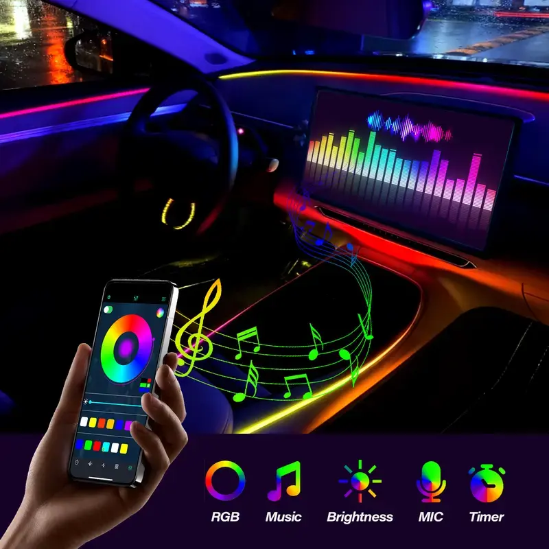Smart LED Car Atmosphere Lights, USB-Powered RGB Multifunctional Ambient Lights with App Control & Music Sync, Strobe Function, 110cm+110cm 2-in-1 DIY Design, Car & Truck Accessories Decor Gift