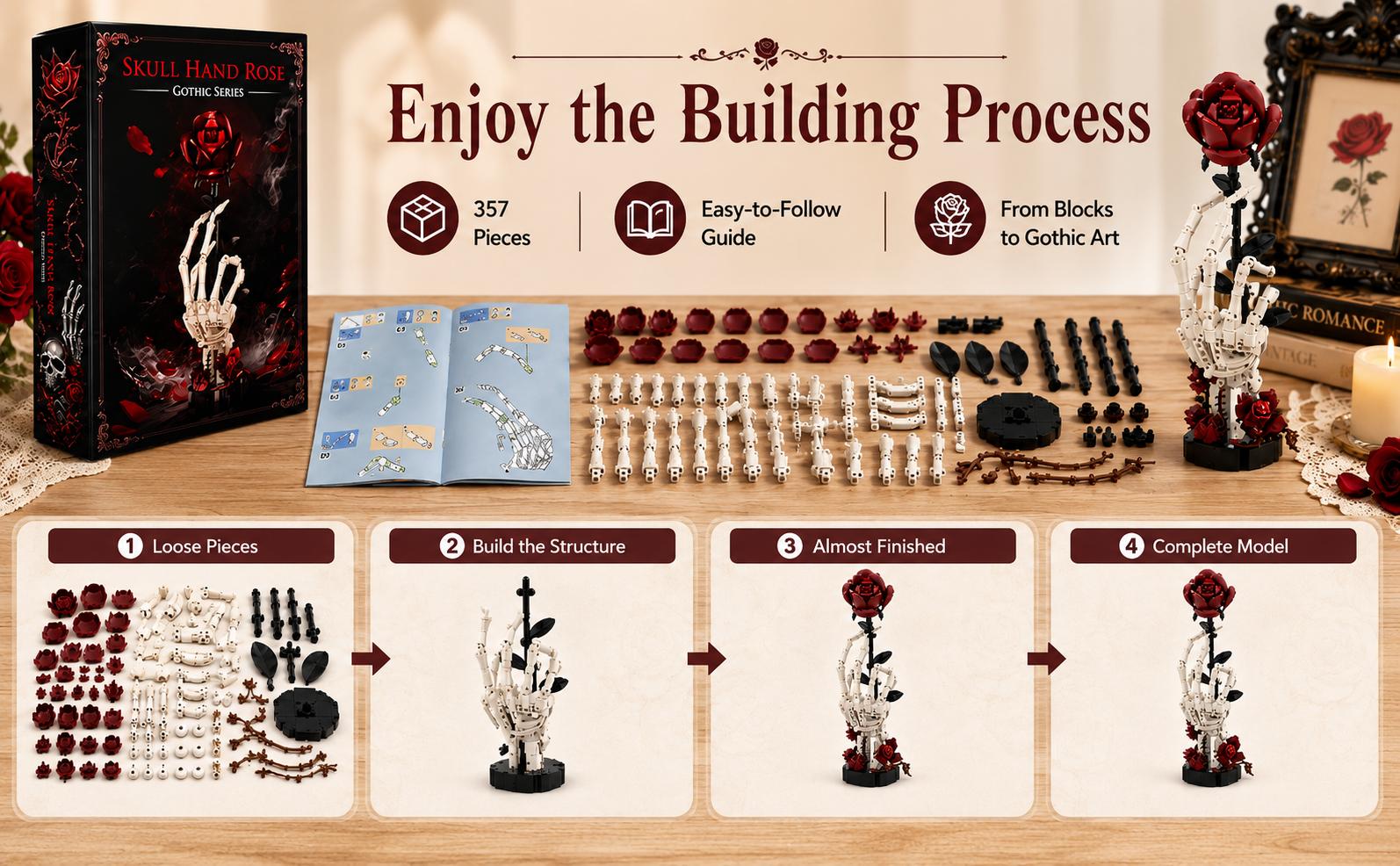 Skull Hand Rose Building Set, 357-Piece Gothic Display Model | Gothic Rose 3D DIY Building Blocks Set - Do It Yourself Interlocking Puzzle Kit with Detailed Design, Creative Desktop Decoration, Holiday Gift Wow for Collecting Enthusiasts
