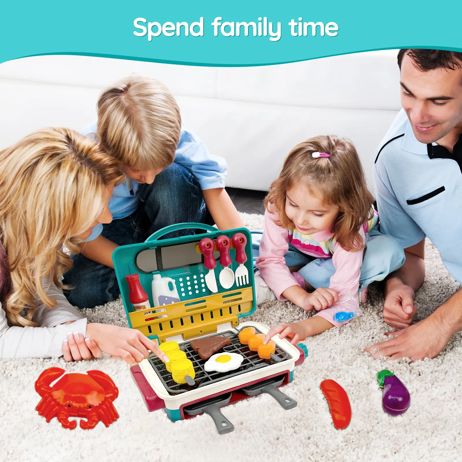 Kids BBQ Grill Playset with Smoke Light Sound, Toy Grill Set with Play Food Cooking Accessories, Pretend Kitchen Toy