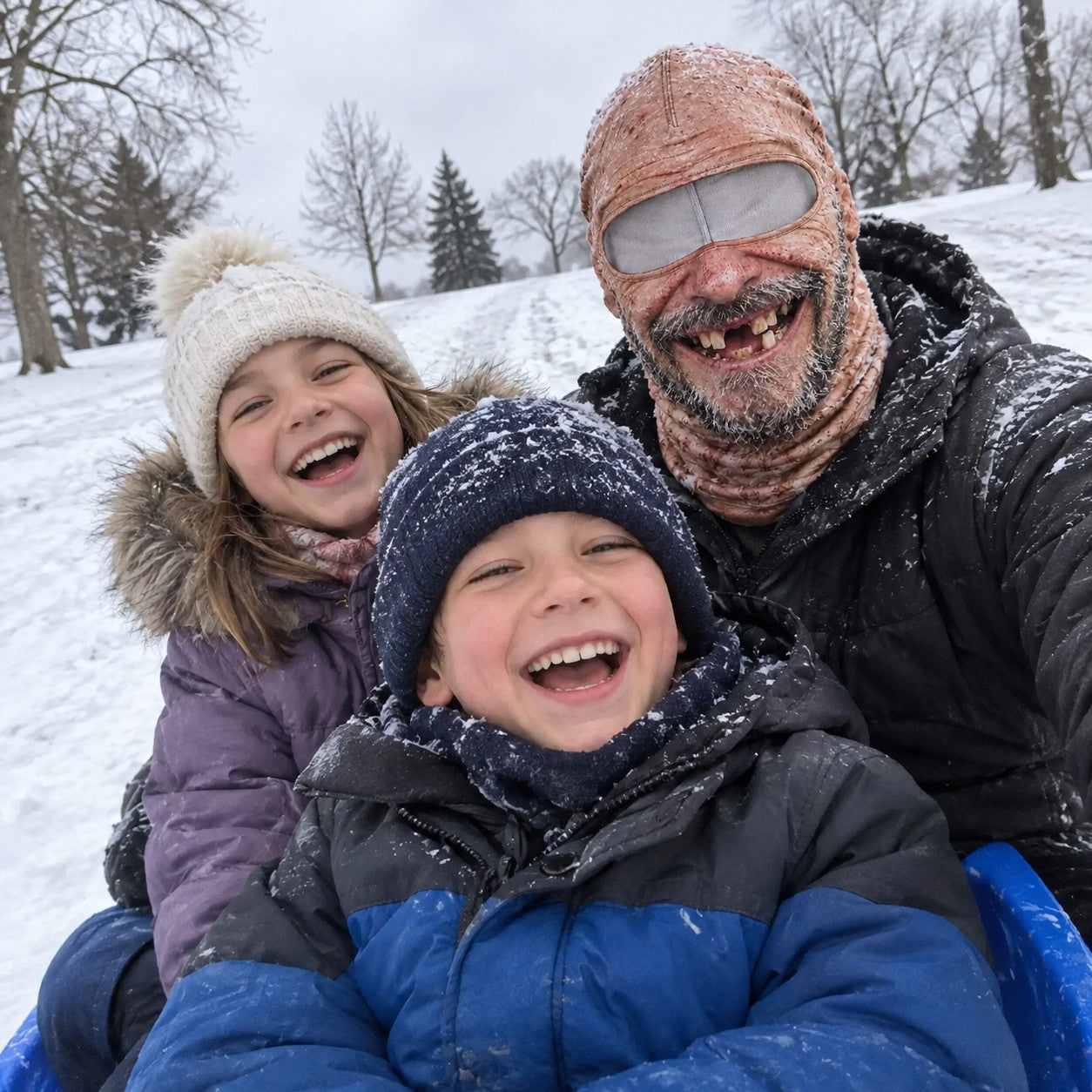 A dad in the Uncle mask taking a sled-hill selfie with his two laughing kids in snow