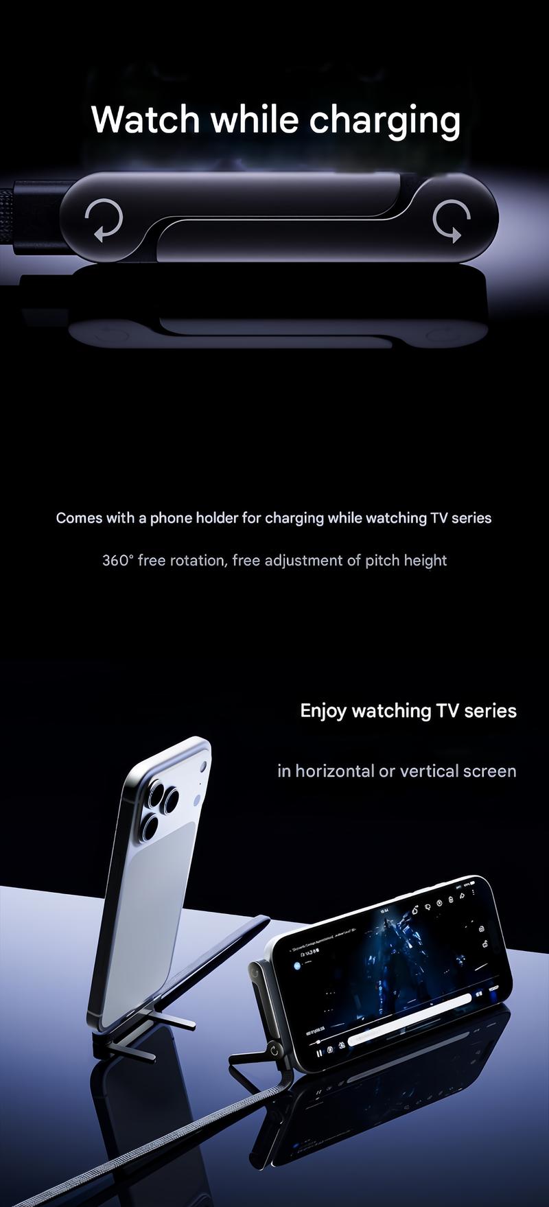 basemo Invisible Holder Charger Cable with Stand, 240w super fast charging 2-in-1 Fast Charging Cord & Phone Stand for Gaming, Office, Car Travel, Compatible with iPhone Samsung Type-C charging cable Black