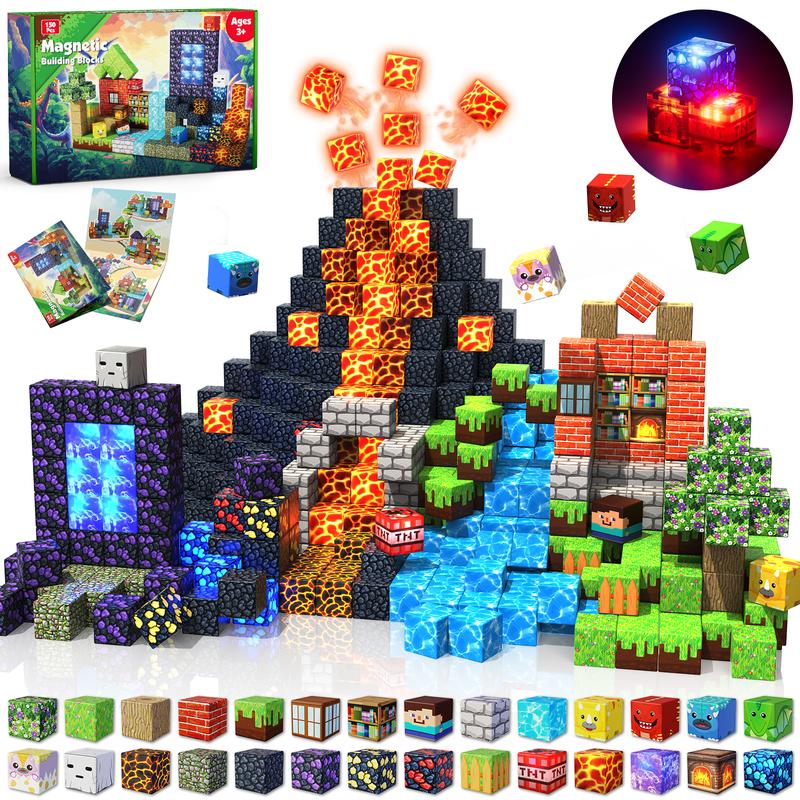 Magnetic Blocks- Portal Dinosaur Red Brick，Light Up Magnet Cubes, STEM Montessori Sensory Toys for Kids Boys Girls Ages 4-8 Christmas Birthday Gifts Multifunction