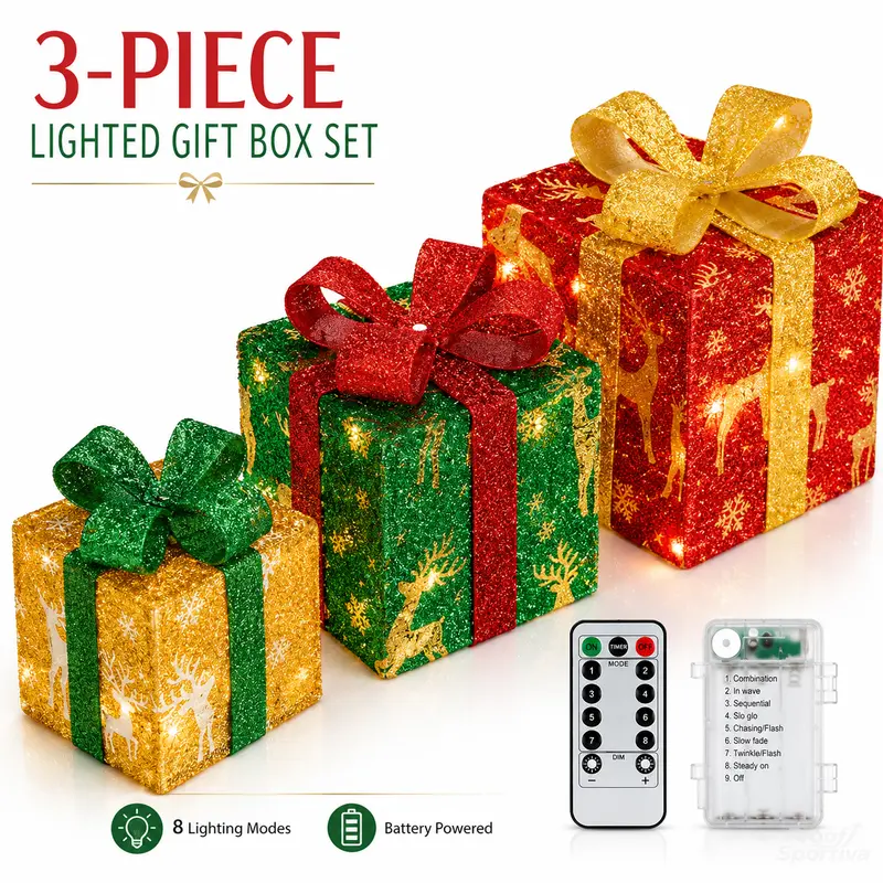 3pc Christmas Ornaments Gift Box LED Lanterns with Remote & Warm Light