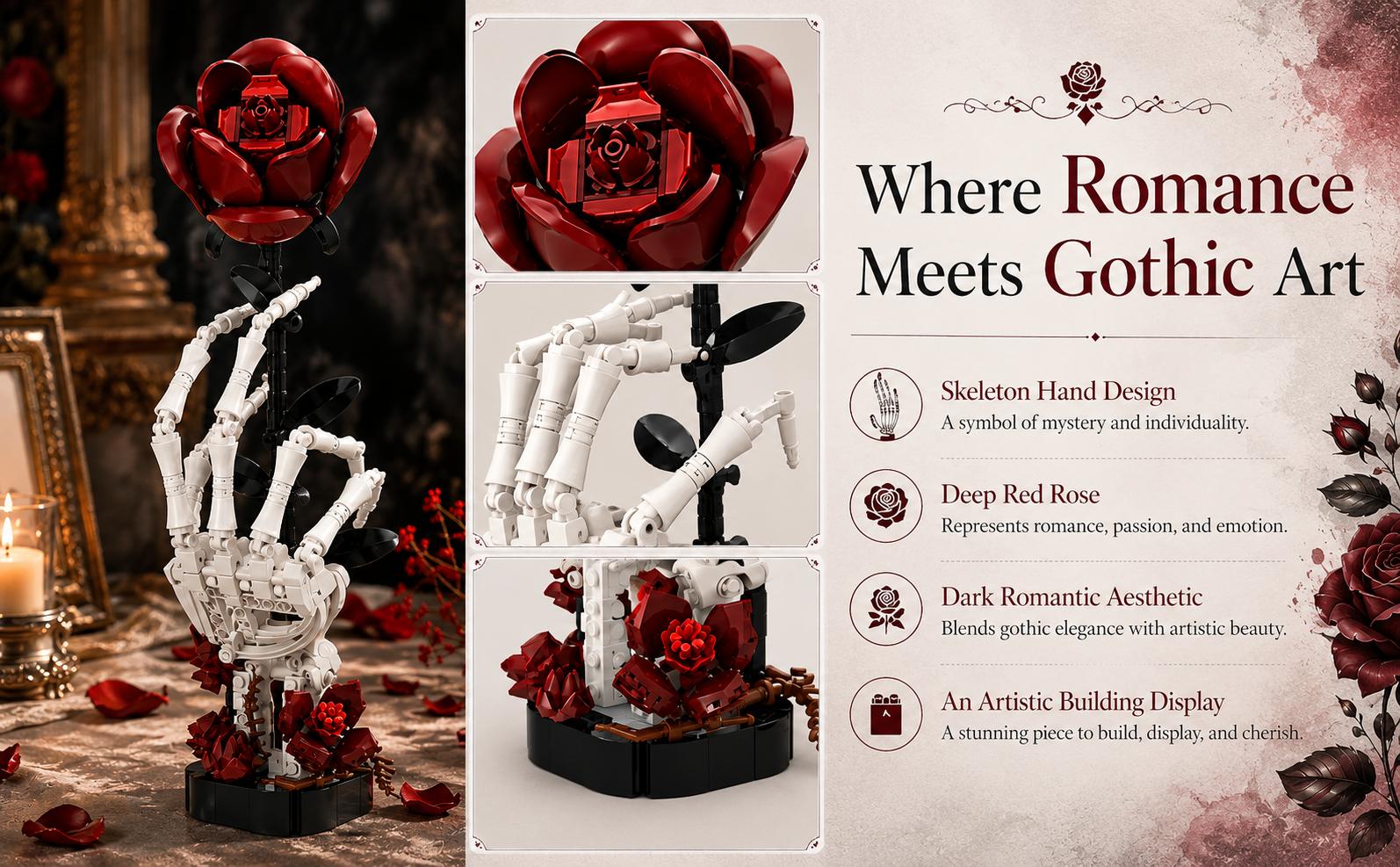 Skull Hand Rose Building Set, 357-Piece Gothic Display Model | Gothic Rose 3D DIY Building Blocks Set - Do It Yourself Interlocking Puzzle Kit with Detailed Design, Creative Desktop Decoration, Holiday Gift Wow for Collecting Enthusiasts