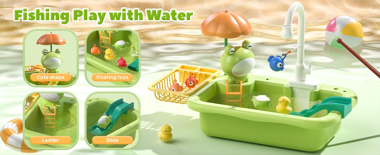 CUTE STONE Play Sink with Running Water, Pretend Play Kitchen Sink with Upgraded Electric Faucet, Realistic kitchen play set learning cookingset Plastic Toy Outdoorfun,
