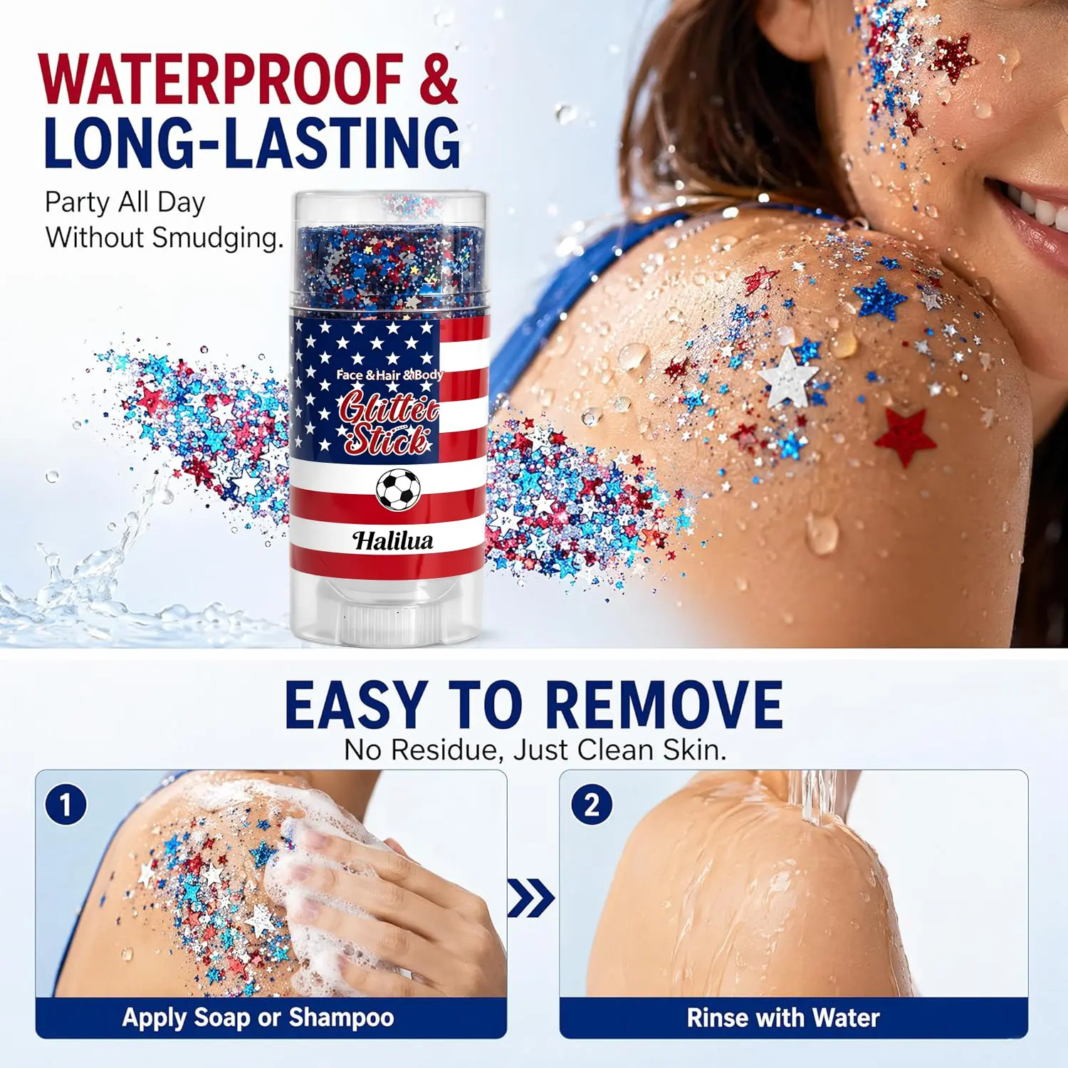 Self-Adhesive Glitter Stick | Red White & Blue Patriotic Body Makeup | 4th of July Independence Day Sparkle | Summer Vibes Festival Party Glitter | Waterproof Long-Lasting Shine for Sports Games & Holiday Gifts,summerwins