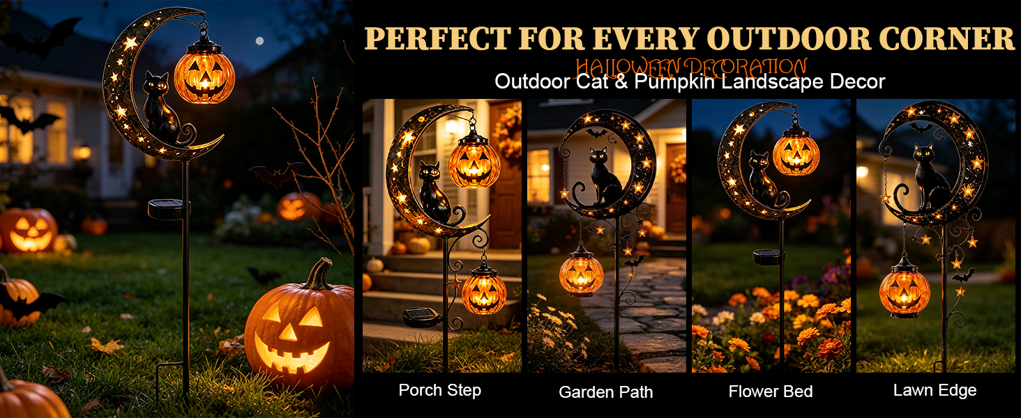 Solar Halloween Black Cat &amp;amp; Pumpkin Moon Garden Stake Light