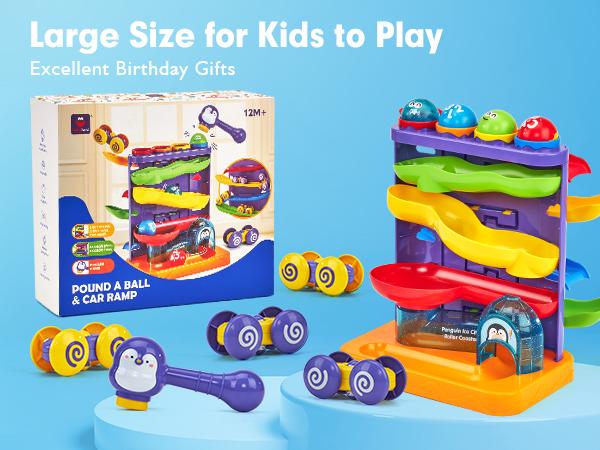 Hahaland 2 in 1 Pound Ball Toy & Car Ramp Race Track / Pop Up Montessori Toys  with Hammers,Toddler Toys for 1 Year Old Boy，Learning Early Developmental Montessori Toys for 2 Year Old Christmas Birthday Easter Gifts, Toddler Playset
