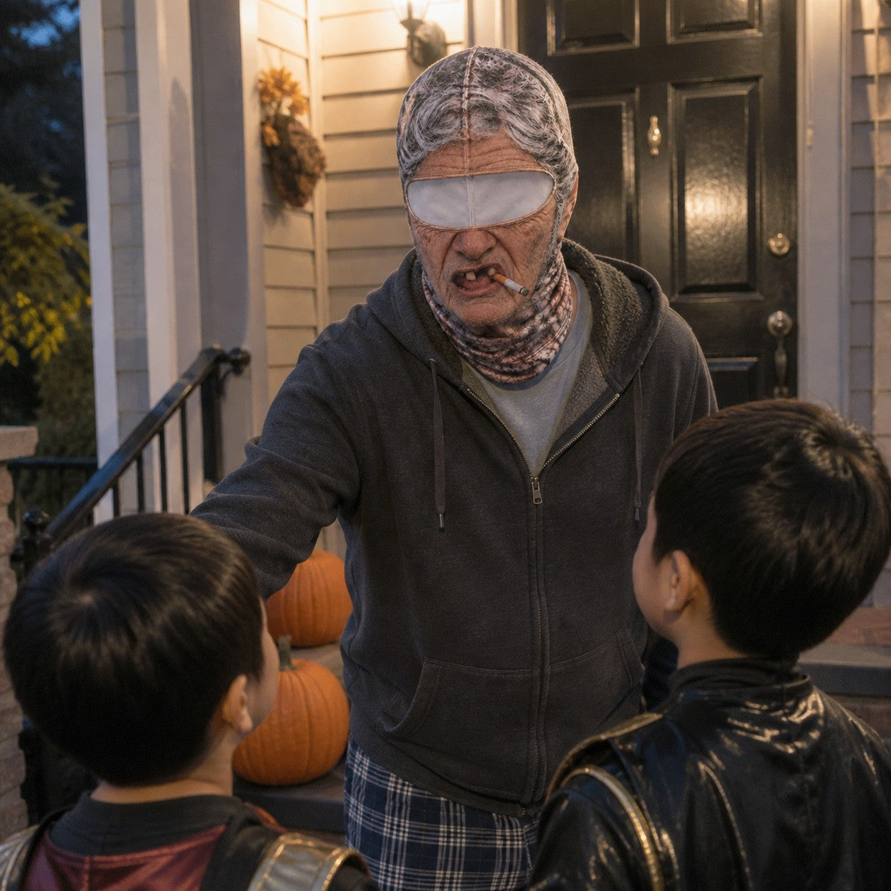 A man in the Grandma mask on a Halloween porch with pumpkins, reaching to two costumed kids