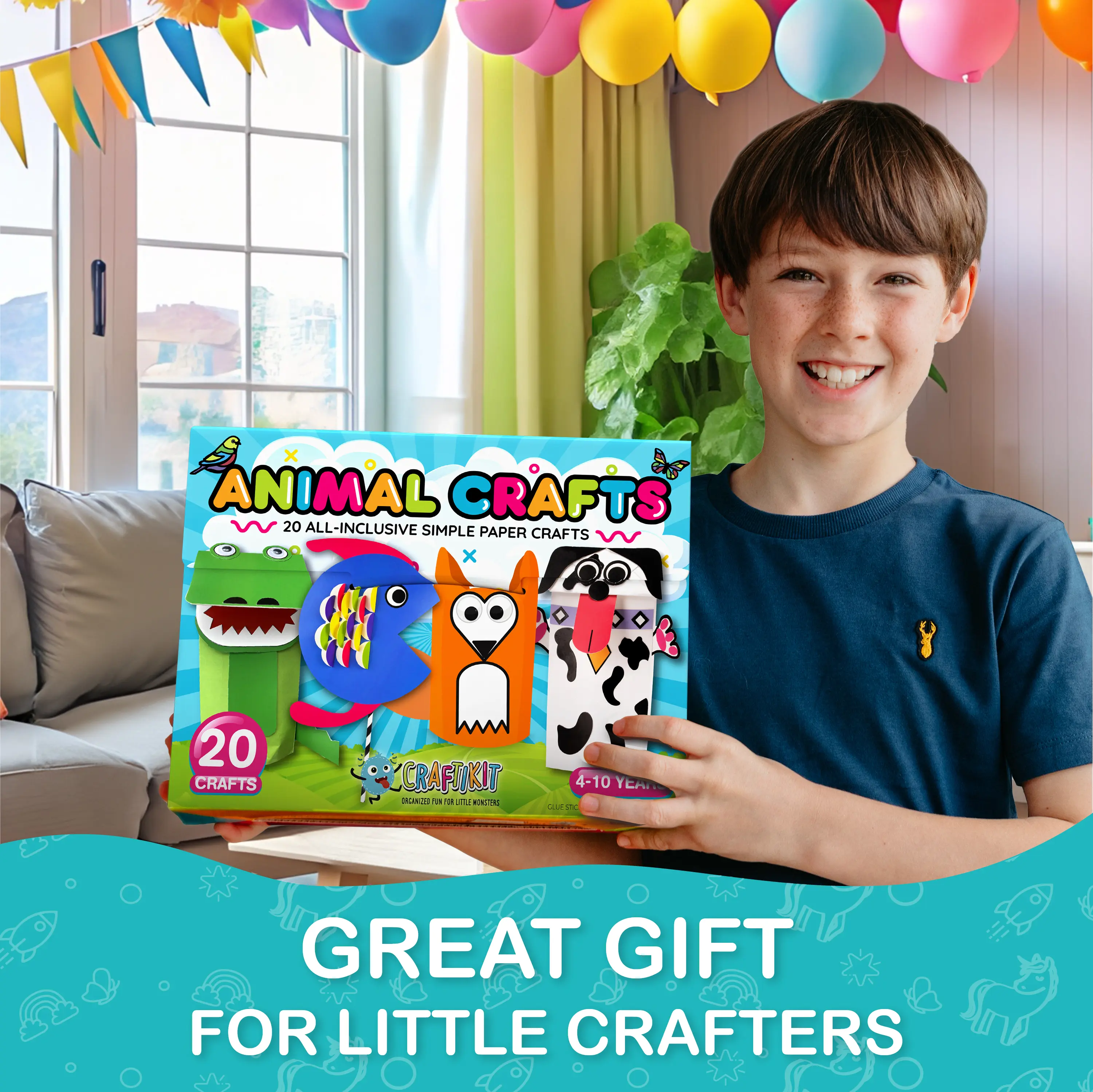 20 Crafts in a Box - 20 Simple Paper Crafts for Kids Ages 3-8 - Arts and Crafts Kit with Envelopes Glue Stick Tape - Low Mess Easy to Complete Fun for Creativity & Fine Motor Skills