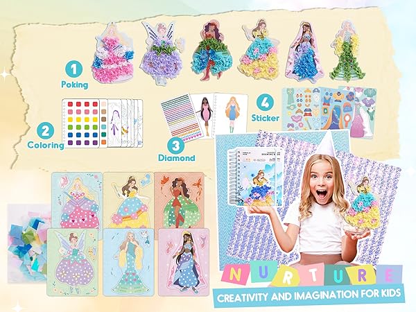 Jar Melo Poke-in 4-in-1 Diamond Painting Kits & Art Magic Princess Craft Kit Stuffers Watercolor DIY Gifts for Girls Handicraft Activities  Embroidery Design Set #Summervibes