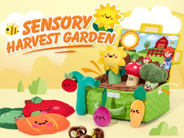 hahaland My First Garden Stuffed Toys Set-Fruits Vegetables Garden Plant Plush-Sensory for Babies 6-12 Months,Montessori Sensory Toy Carrot Flower with Rattles Mirror Squeaker Textures , Baby Gifts,Soft Huggable Stuffedtoy,Durable Soft Fluffy