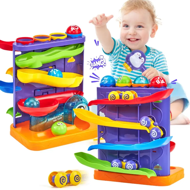 2 in 1 Pound Ball Toy & Car Ramp Race Track / Pop Up Montessori Toys with Hammers,Toddler Toys for 1 Year Old Boy，Learning Early Developmental Montessori Toys for 2 Year Old Christmas Birthday Easter Gifts, Toddler Playset
