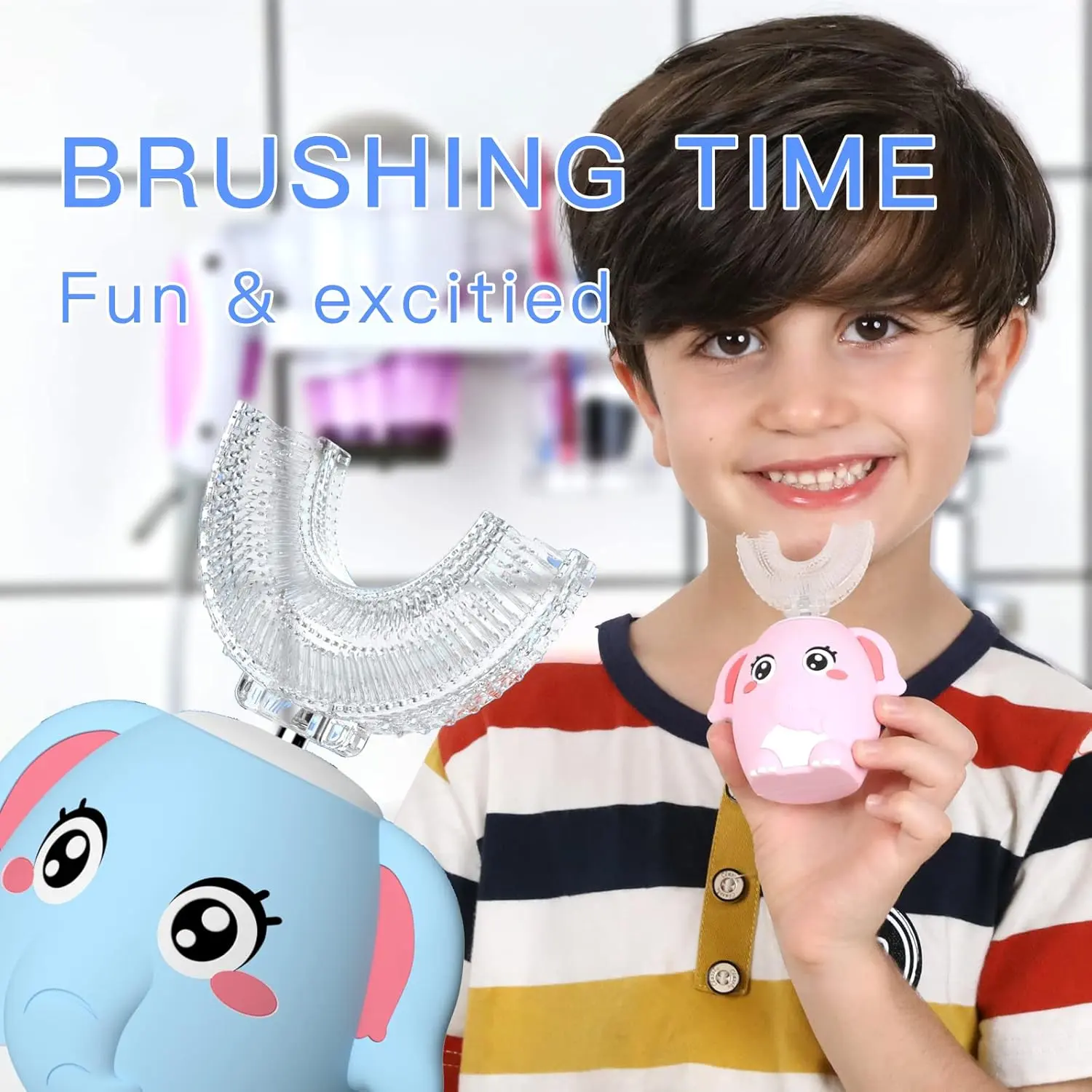 Kids U Shaped Electric Toothbrush Children Rechargeable Sonic Toddler Toothbrush baby Electric toothbrushes with1-4 Brush Heads Full Mouth 6 Cleaning Modes Oral hygiene Cleansing
