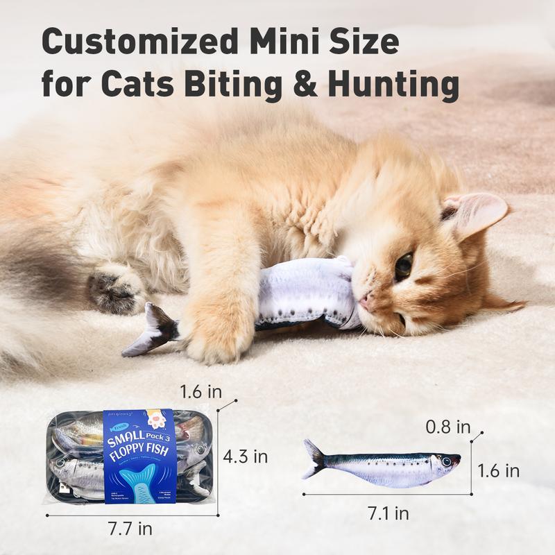 Bitesized Realistic Flopping Fish Cat Toys, 3 Pack, Interactive Cat toys for All Breeds, Tap-Activated 3 Flapping Mode, Sardine/Saury/Yellow Croaker, 7.1 Inches, with Catnip, Rechargeable