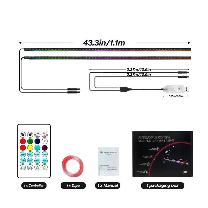 Smart LED Car Atmosphere Lights, USB-Powered RGB Multifunctional Ambient Lights with App Control & Music Sync, Strobe Function, 110cm+110cm 2-in-1 DIY Design, Car & Truck Accessories Decor Gift
