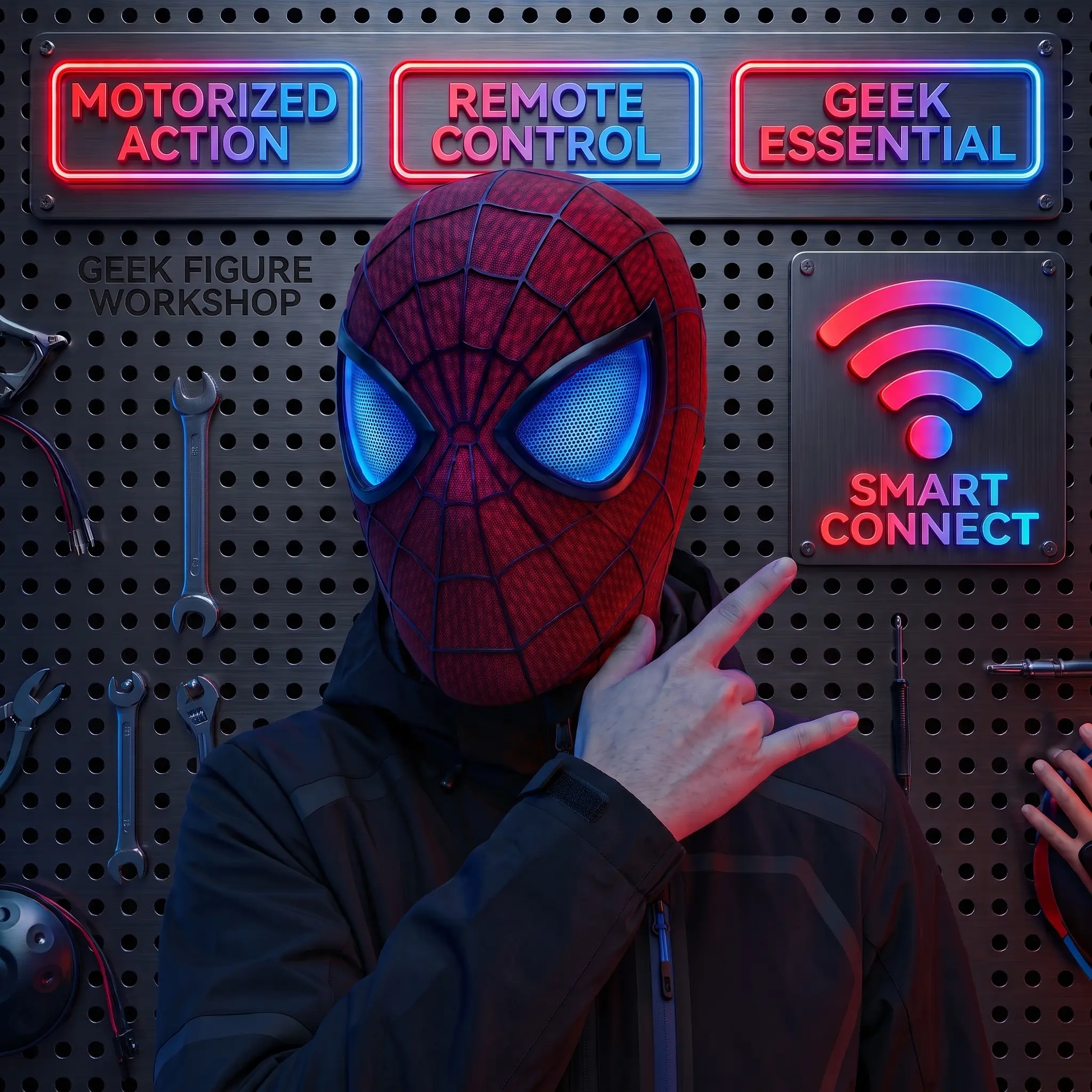 Cool Hero Mask Remote Control Skin-friendly Red & BlueLights Perfect for Cosplay, Halloween, Festivals, Parties -26cm x 19cm x 11cm - Plastic Material
