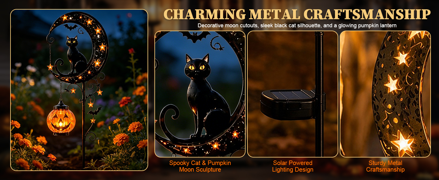 Solar Halloween Black Cat &amp;amp; Pumpkin Moon Garden Stake Light