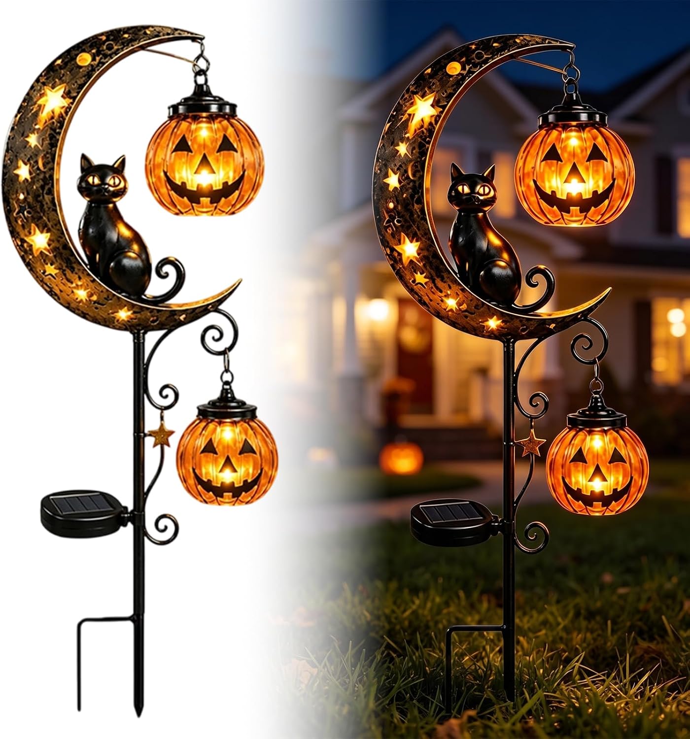Solar Halloween Black Cat & Pumpkin Moon Garden Stake Light