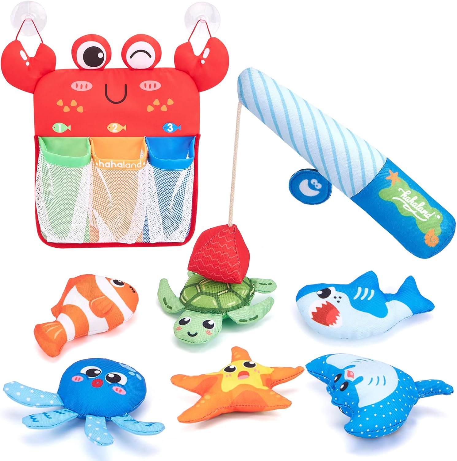 Montessori Fishing Bath Toy Set, Soft Bathtub Fishing Game with 6 Colorful Ocean Animals & Fishing Pole, 1 2 Year Old Baby Water Pool Toys with Suction Storage Bag