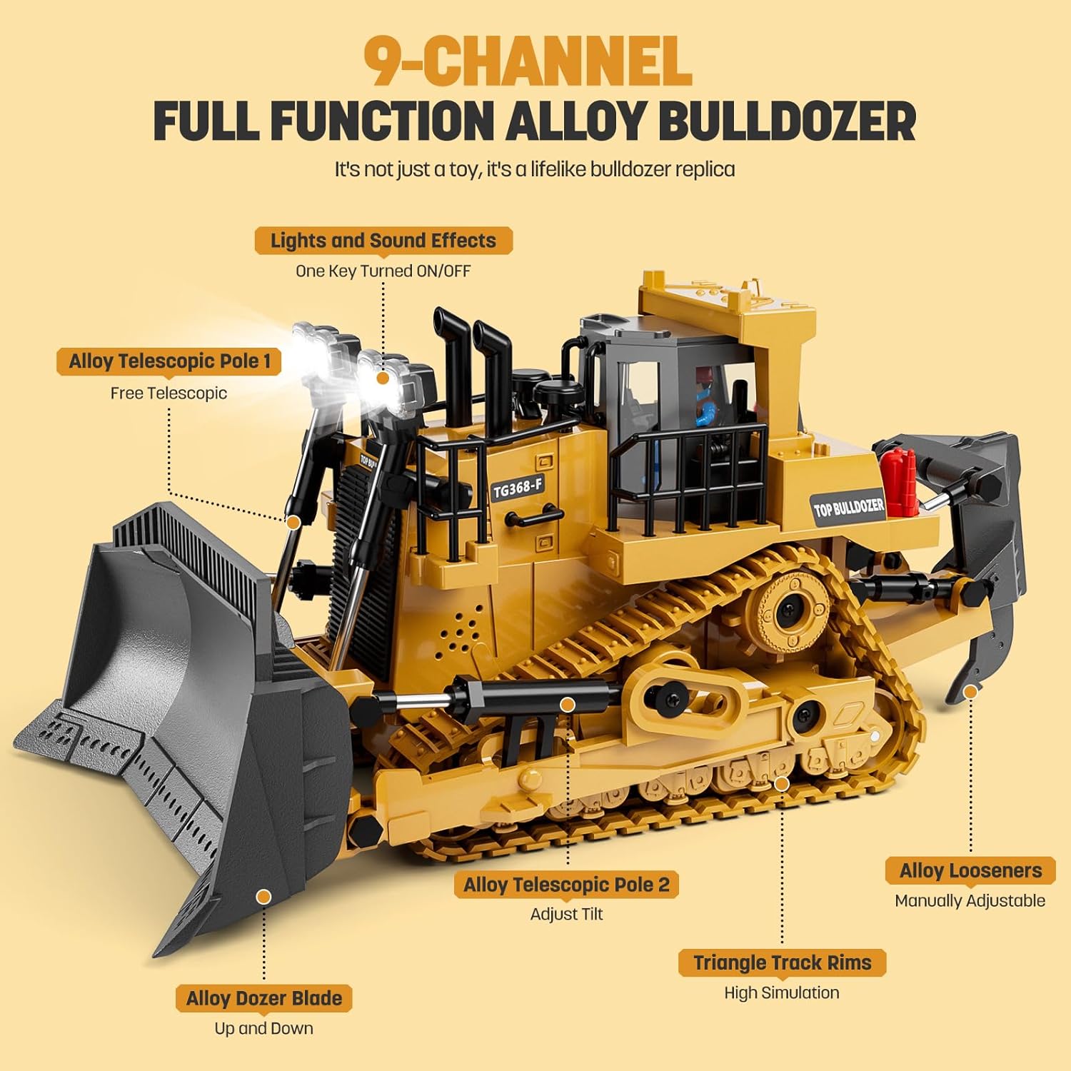 Metal RC Bulldozer Toy for Kids | 9-Channel Remote Control Track-Type Tractor with Lights & Sounds, Realistic Construction Vehicle Toy for Boys Ages 3-12, Rechargeable Gift for Birthday 2026