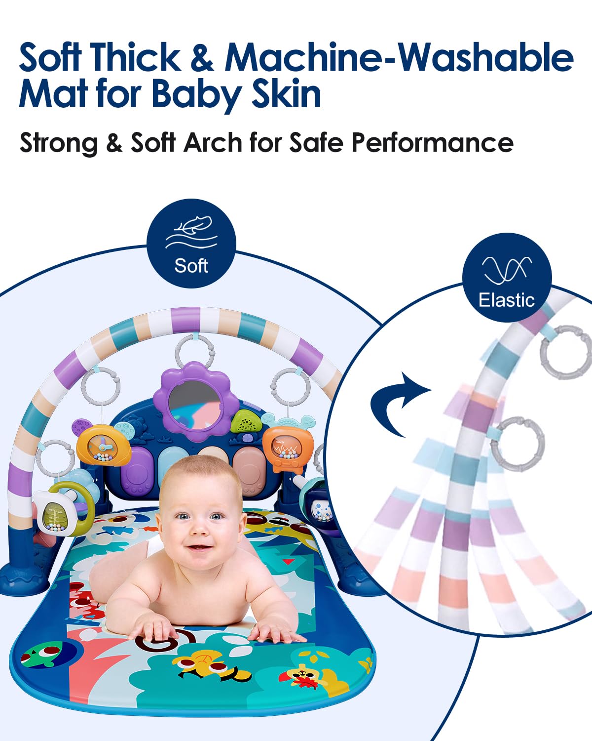 Baby Play Mat Gym, Funny Play Piano Tummy Time Activity Mat with 5 Infant Sensory Toys, Music and Lights, Boy & Girl Gifts for Newborns 0 to 3 6 9 12 Months