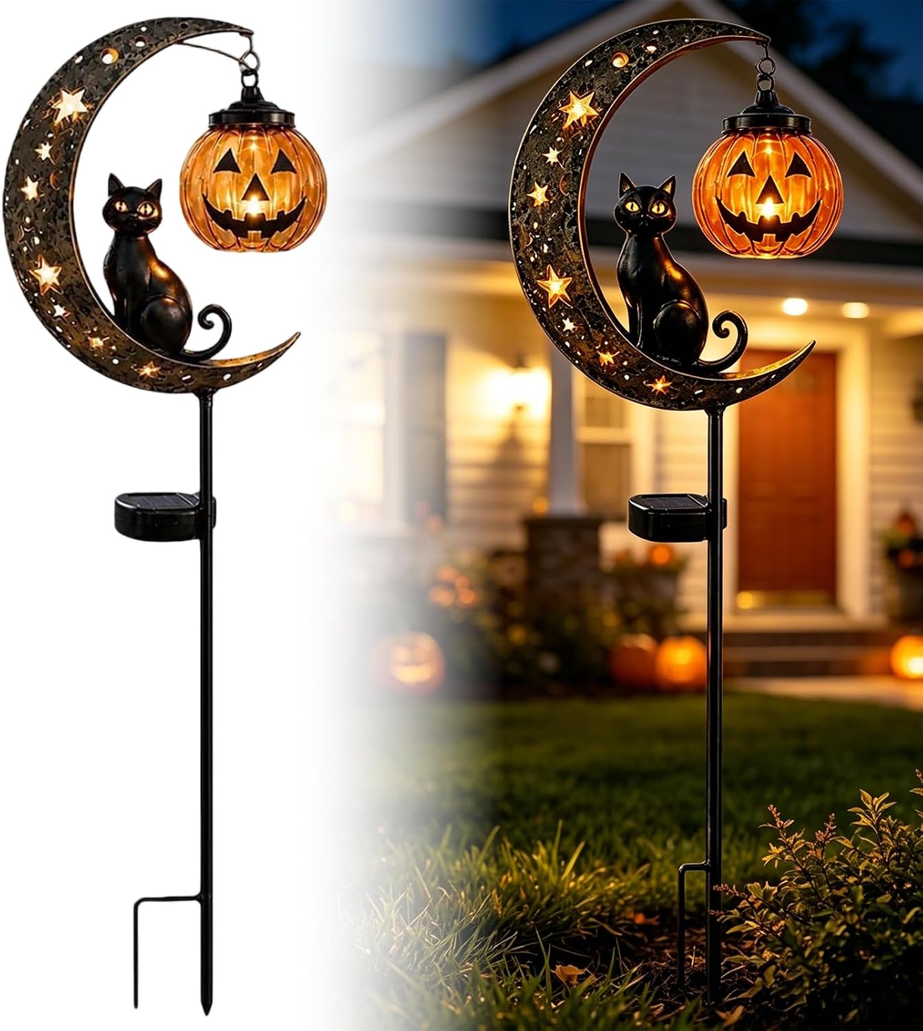 Solar Halloween Black Cat & Pumpkin Moon Garden Stake Light