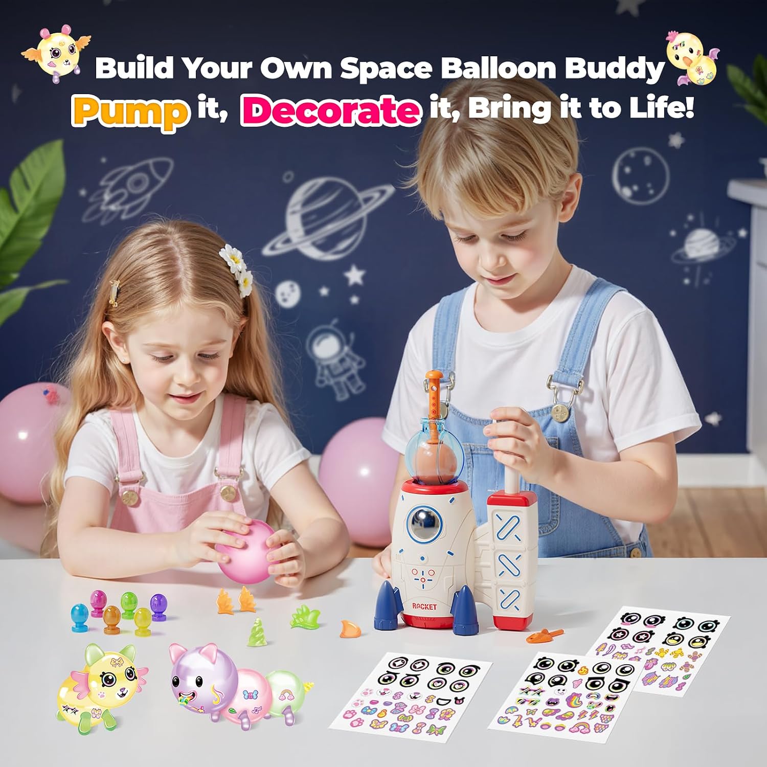 Space Magic Balloon Craft Kit, Sticker Decorated Balloons Toy for Kids, Rocket Air Pump Fun with Balloon Monster Pals
