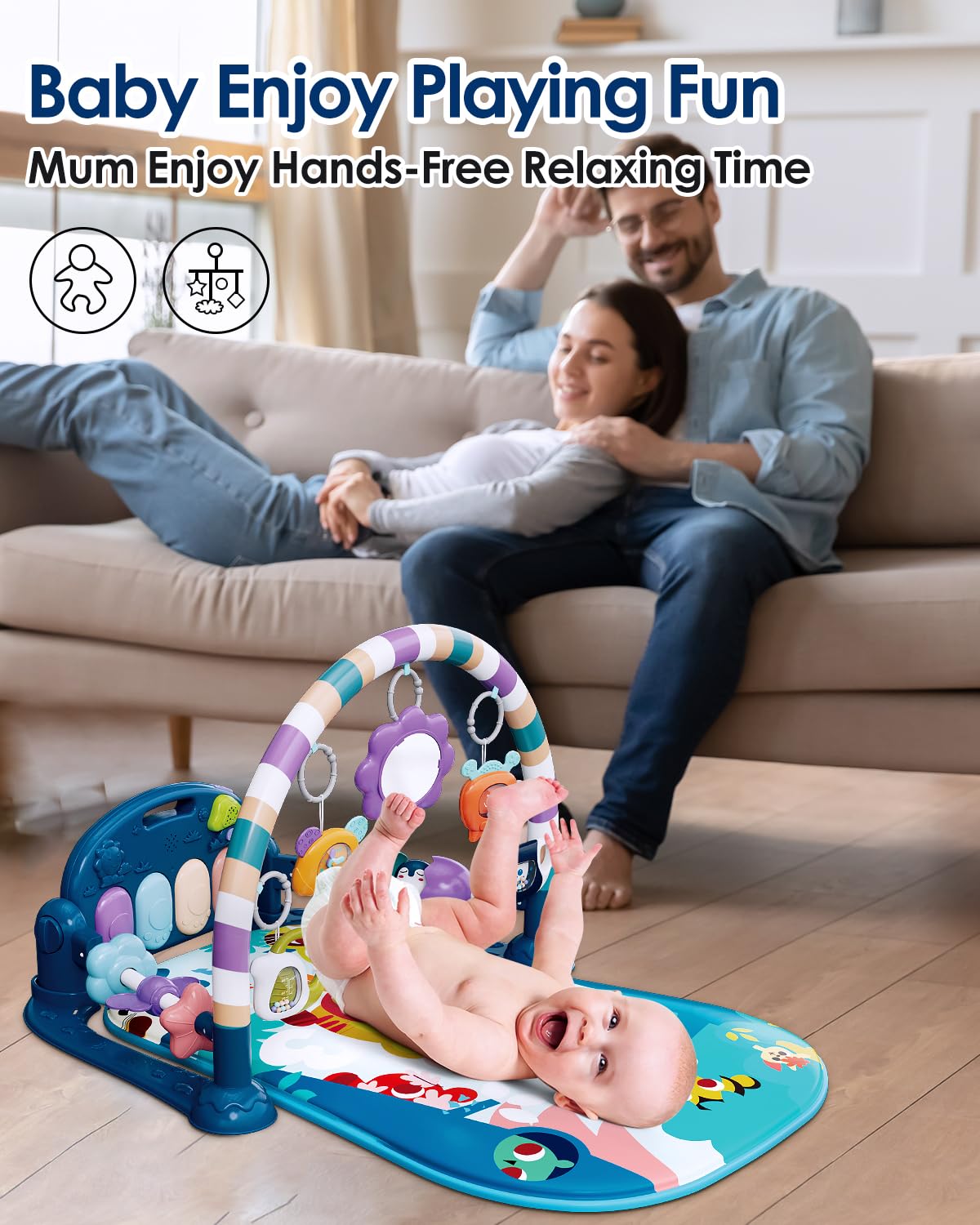 Baby Play Mat Gym, Funny Play Piano Tummy Time Activity Mat with 5 Infant Sensory Toys, Music and Lights, Boy & Girl Gifts for Newborns 0 to 3 6 9 12 Months