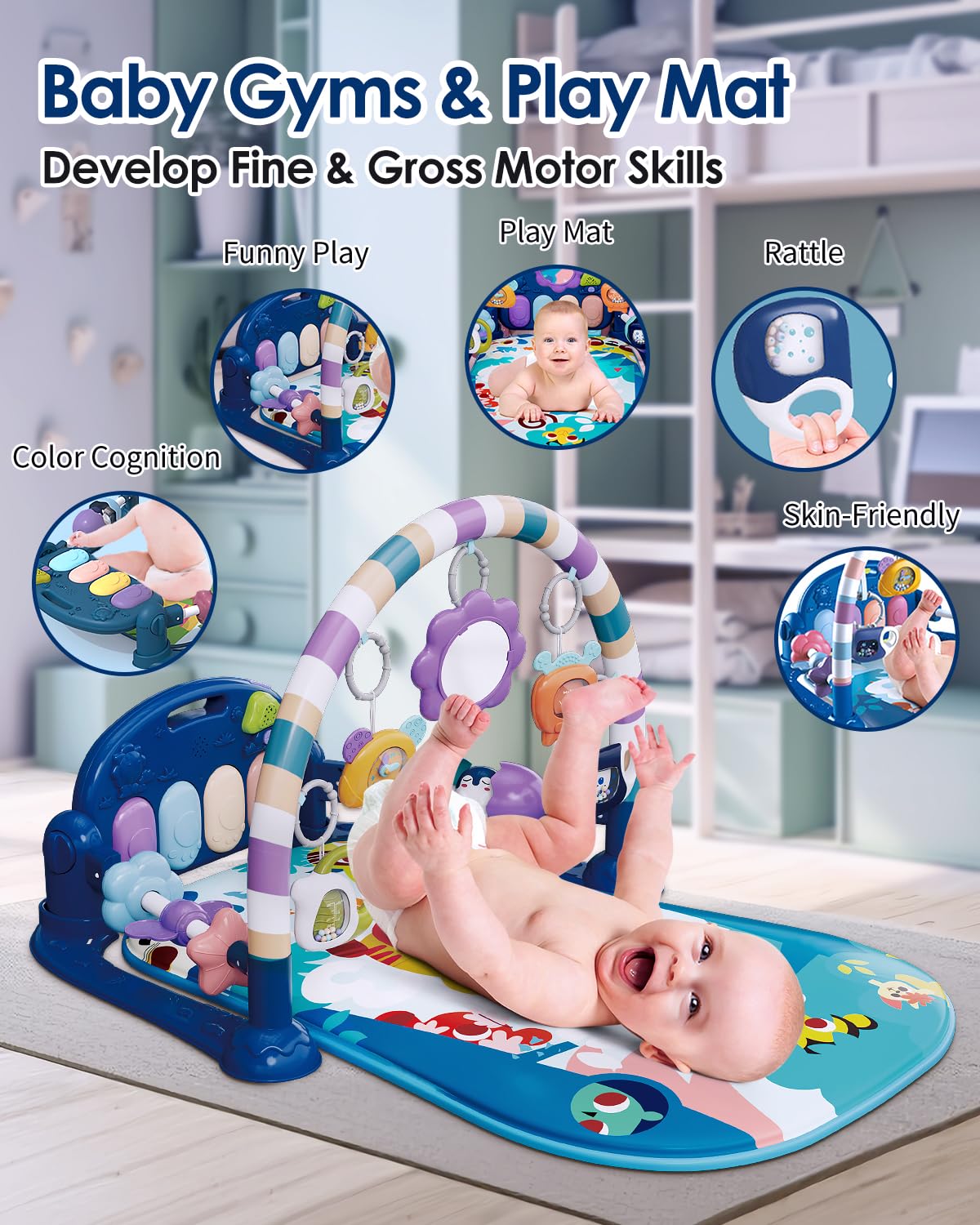 Baby Play Mat Gym, Funny Play Piano Tummy Time Activity Mat with 5 Infant Sensory Toys, Music and Lights, Boy & Girl Gifts for Newborns 0 to 3 6 9 12 Months