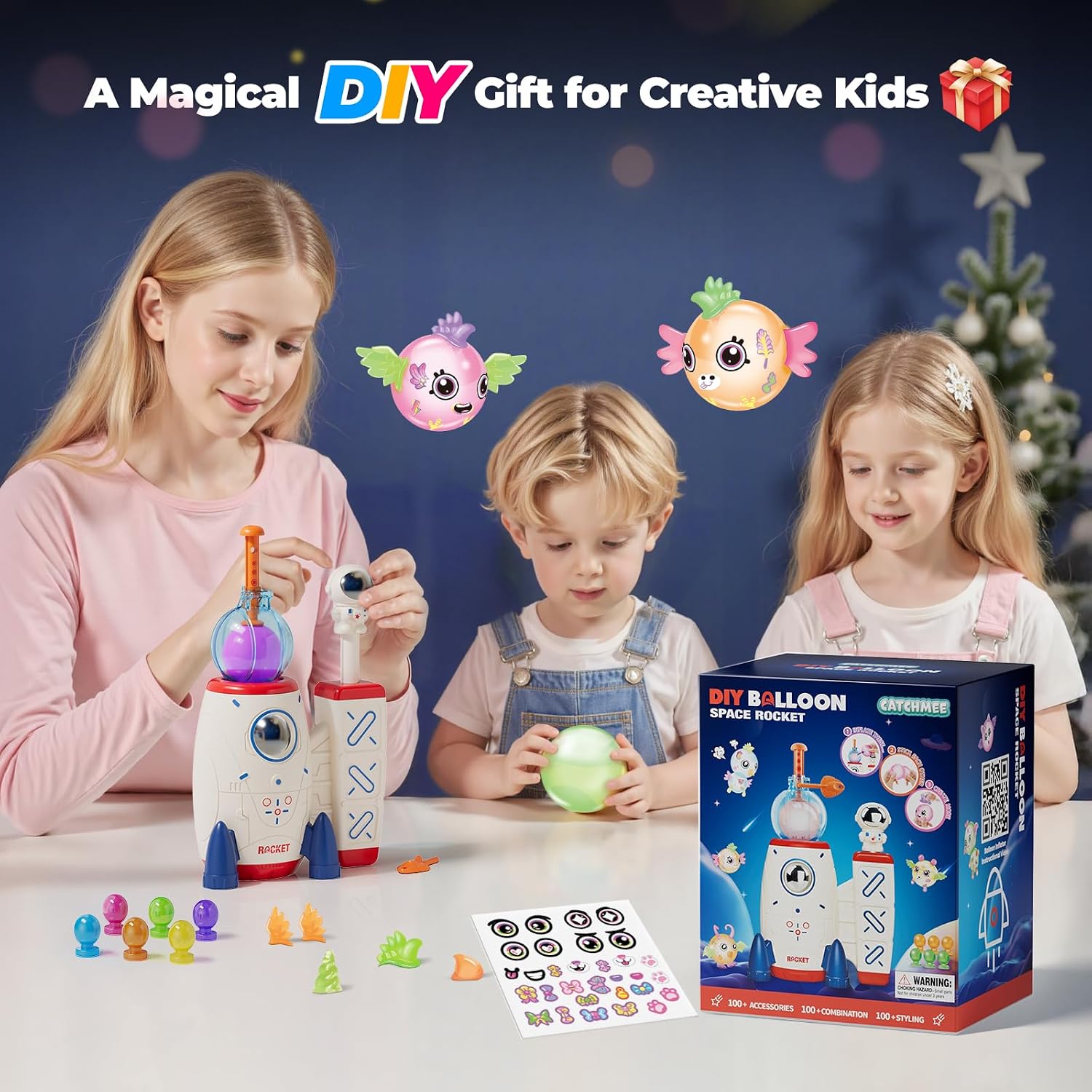 Space Magic Balloon Craft Kit, Sticker Decorated Balloons Toy for Kids, Rocket Air Pump Fun with Balloon Monster Pals
