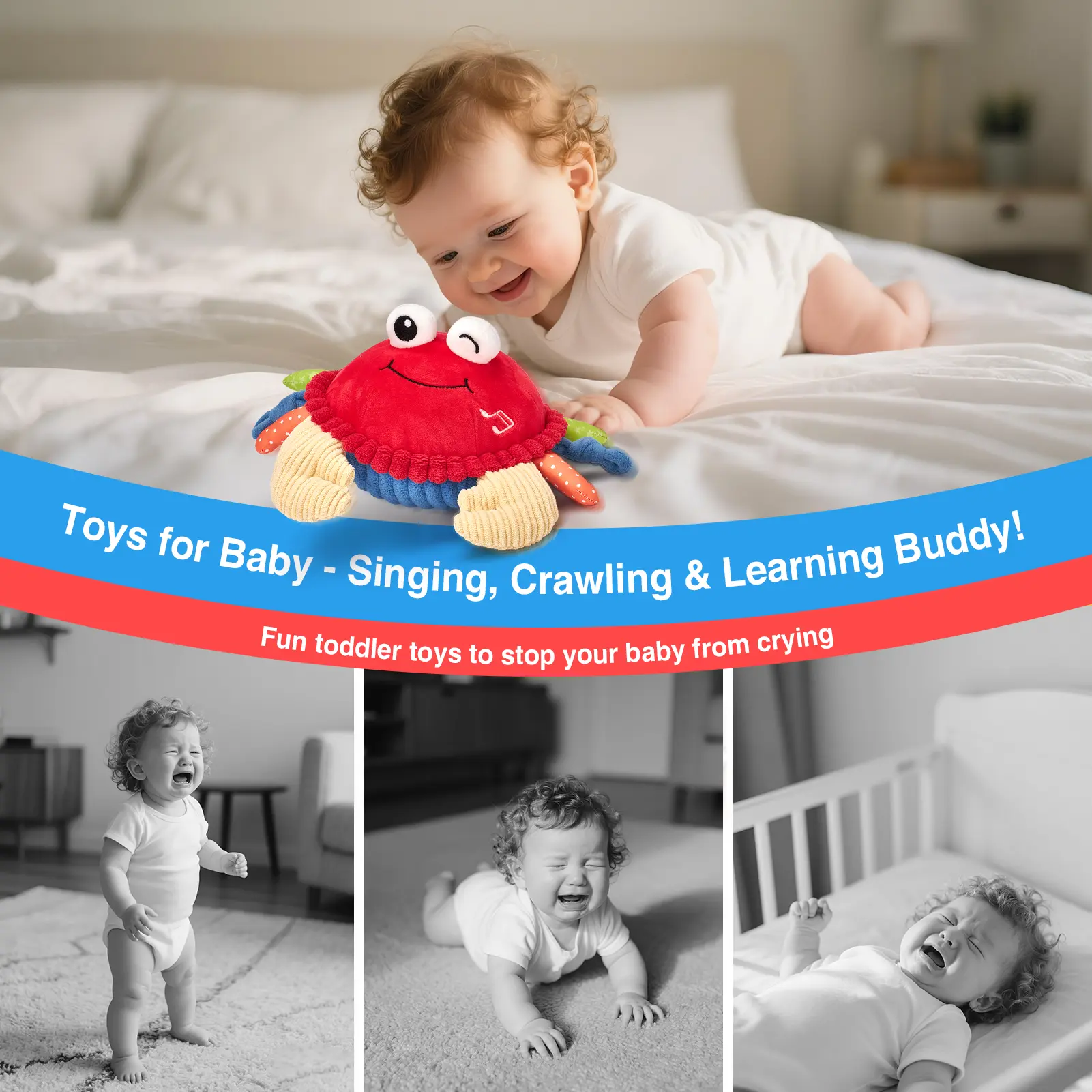 Musical Crab Plush Toy - 48 Songs & Repeat What You Say - Crawling Musical Dancing Walking Bouncing Moving Bouncing Talking Learning Crab-Sensory Toddler Toys for Birthday Tummy Time Toy 0-3 Months/6-12 Months,Mothersdaygift/newborngift