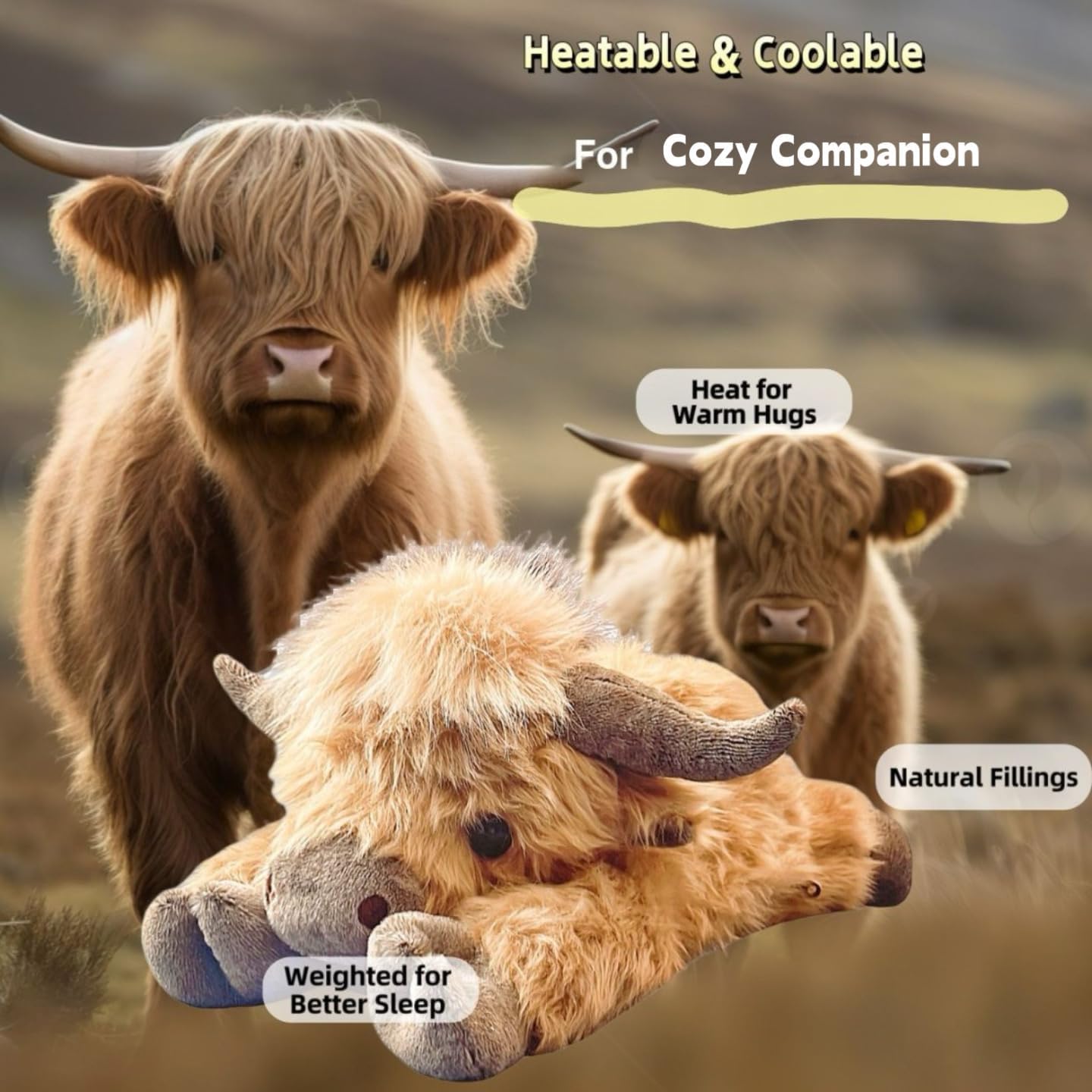 Pounds Highland Cow Weighted Stuffed Animals with Unscented Microwavable Heating Pad, Cute Coolable Heatable Weighted Plush Warm Gift for Kids & Adults