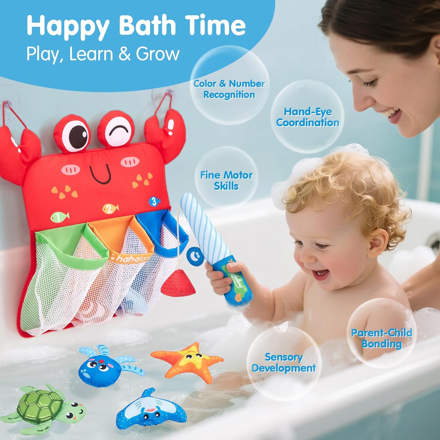 Montessori Fishing Bath Toy Set, Soft Bathtub Fishing Game with 6 Colorful Ocean Animals & Fishing Pole, 1 2 Year Old Baby Water Pool Toys with Suction Storage Bag