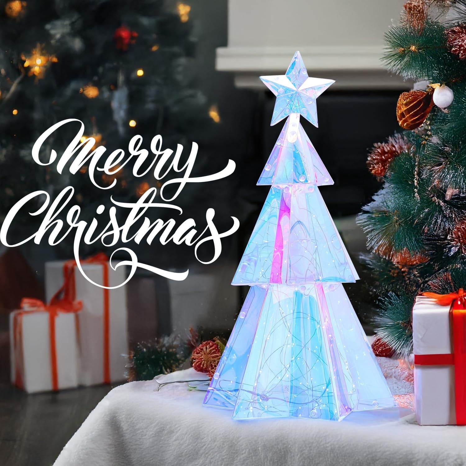 Holographic Christmas Tree, Desktop Decoration Tree with LED Lights, Prismatic Iridescent Christmas Tree Gift for Kids Girls Families Office Indoor Decorations