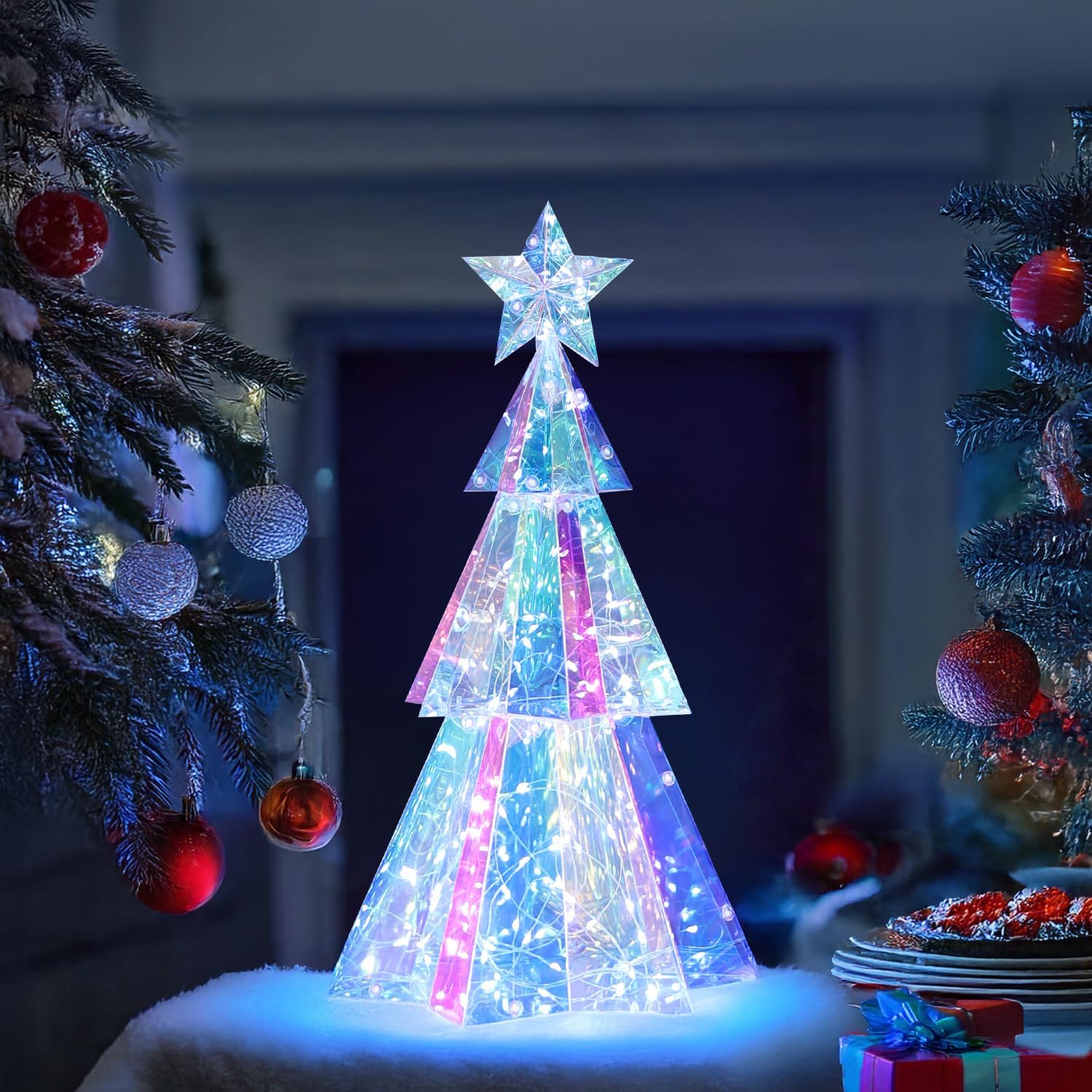 Holographic Christmas Tree, Desktop Decoration Tree with LED Lights, Prismatic Iridescent Christmas Tree Gift for Kids Girls Families Office Indoor Decorations
