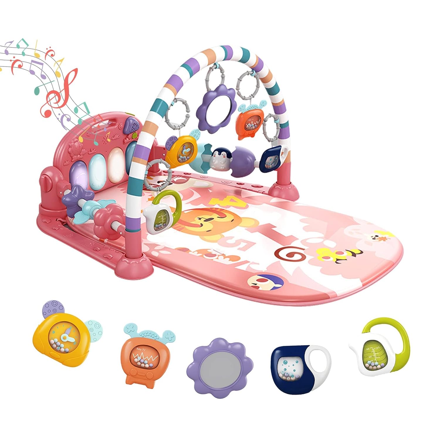 Baby Play Mat Gym, Funny Play Piano Tummy Time Activity Mat with 5 Infant Sensory Toys, Music and Lights, Boy & Girl Gifts for Newborns 0 to 3 6 9 12 Months