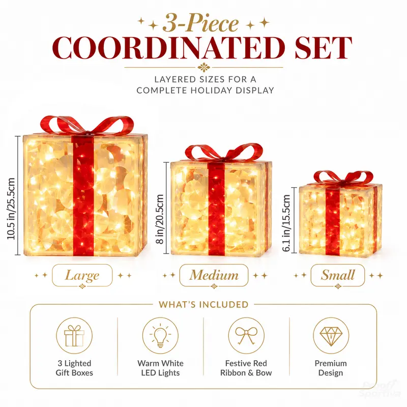 3pc Magical Plastic Christmas Ornaments Set with Gift Box - 8 Modes, Remote Control, Warm Light LED Lights, Ribbon Accents, DIY Assembly, AA Battery Powered (Battery Not Included) for Indoor/Outdoor Camping Hiking Use