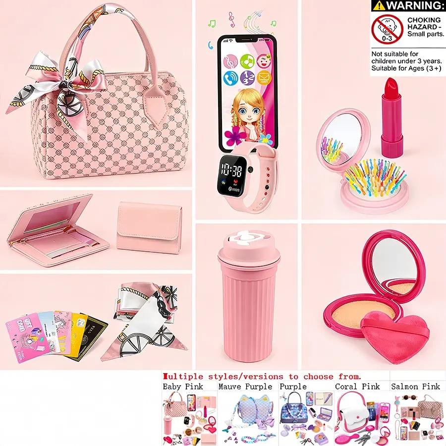 Realistic Girl Handbag Toy Set, Colorful Pretend Play Accessories, Includes Phone Wallet Makeup Toys.