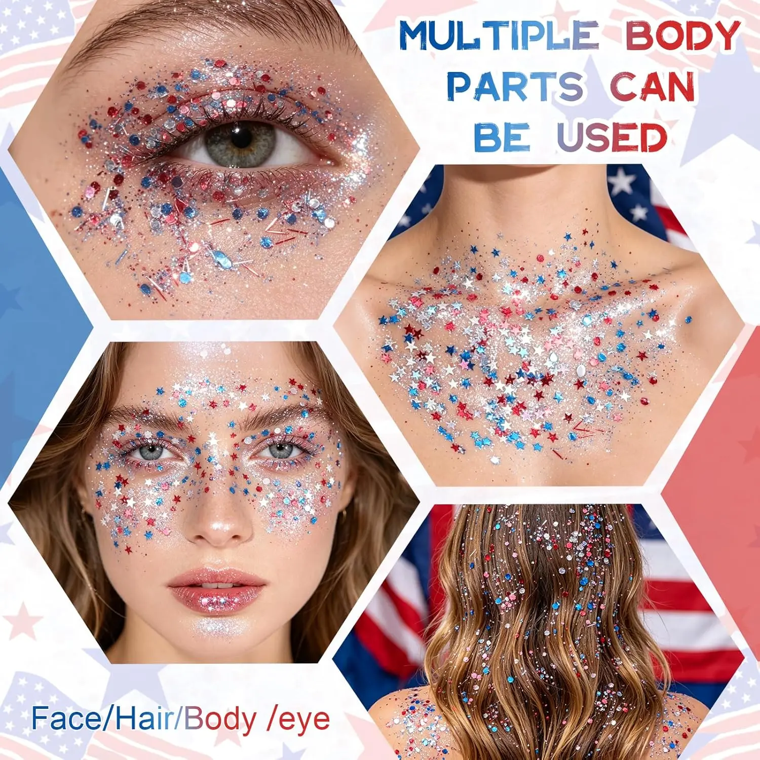 Self-Adhesive Glitter Stick | Red White & Blue Patriotic Body Makeup | 4th of July Independence Day Sparkle | Summer Vibes Festival Party Glitter | Waterproof Long-Lasting Shine for Sports Games & Holiday Gifts,summerwins