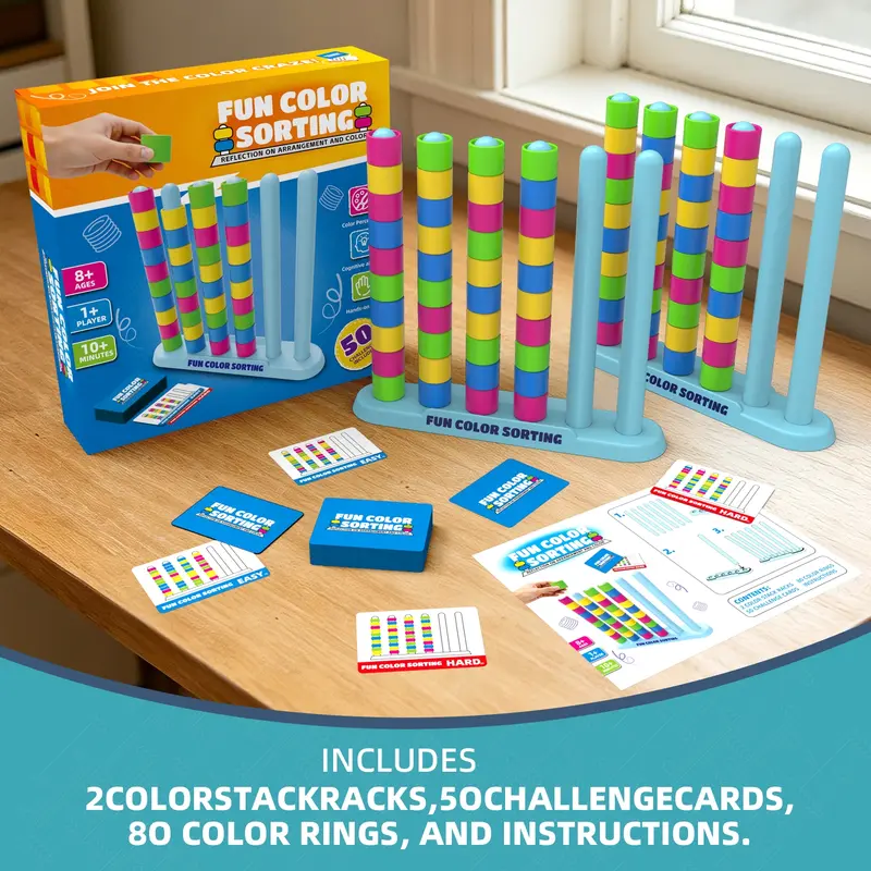 Color Sorting Stack Puzzle Game &ndash; Fast-Paced Color Matching Brain Teaser with Challenge Cards, 2 Player Reflex Strategy Board Game, Stacking Game, Montessori STEM Educational Toy, Family Game Night, Party & Travel Tabletop Game for Kids & Adults